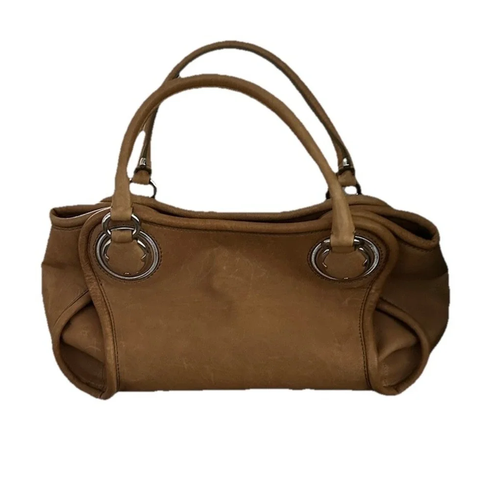 Elie Tahari Brown Tan Leather Satchel Handbag Silver-tone Hardware Double Handle